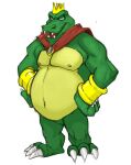  2012 anthro belly canson cape chubby_anthro chubby_male claws clothing crocodilian crown cuff_(restraint) donkey_kong_(series) fangs half-closed_eyes headgear king_k._rool kremling looking_at_viewer male mostly_nude narrowed_eyes nintendo nipples open_mouth reptile restraints scales scalie shackles slightly_chubby solo standing teeth toe_claws 