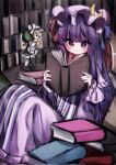  1girl book dress hat highres holding holding_book kirisame_marisa library patchouli_knowledge purple_dress purple_eyes purple_hair reading sitting sneaking striped striped_dress tohou89 touhou 