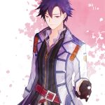  1boy belt black_gloves black_shirt closed_mouth coat eiyuu_densetsu gloves highres looking_at_viewer male_focus pink_eyes purple_hair rean_schwarzer red_belt sen_no_kiseki sen_no_kiseki_iii shirt short_hair simple_background smile soap_(user_kghh4755) solo striped striped_shirt upper_body white_coat 