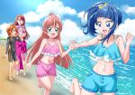  1boy 3girls :d ;d bare_arms barefoot beach black_bodysuit blue_eyes blue_hair blue_shorts bodysuit bow brown_hair collarbone covered_navel crop_top diving_suit ellee-chan frilled_shorts frills green_eyes hair_bow hanzou high_side_ponytail highres hijiri_ageha hirogaru_sky!_precure leg_up long_hair long_sleeves multiple_girls navel nijigaoka_mashiro ocean one_eye_closed orange_hair pink_shorts precure running sarong short_hair shorts skin_tight smile sora_harewataru sparkle standing stomach summer swept_bangs very_long_hair yellow_bow yuunagi_tsubasa 