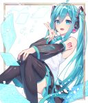  1girl absurdres ahoge aqua_eyes aqua_hair aqua_nails aqua_necktie bare_shoulders black_pantyhose black_skirt collared_shirt commentary_request detached_sleeves facing_viewer frilled_skirt frills hand_on_own_knee hatsune_miku hatsune_miku_(vocaloid3) headphones highres knees_together_feet_apart kurobikari long_hair looking_ahead necktie open_mouth pantyhose pleated_skirt reclining shirt skirt sleeveless sleeveless_shirt smile solo twintails v very_long_hair vocaloid white_shirt zettai_ryouiki 