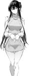  1girl blush breasts closed_mouth dress feet_out_of_frame haitekudasai_takamine-san highres hiiragi_yuuichi jacket large_breasts legs long_hair long_sleeves looking_at_viewer monochrome open_clothes open_jacket own_hands_together smile solo standing sweater sweater_dress takamine_takane thighs turtleneck turtleneck_sweater 