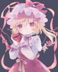  1girl alternate_wings blonde_hair box commentary flandre_scarlet frilled_shirt_collar frills gift gift_box hat hat_ribbon heart-shaped_box hiyuu_(hiyualice) long_sleeves mob_cap one_side_up red_eyes red_ribbon red_skirt ribbon skirt touhou wings 