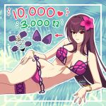  1girl arrow_(symbol) artist_name bikini breasts cleavage commentary english_commentary fate/grand_order fate_(series) flower grin hair_between_eyes hair_flower hair_ornament highres instagram_logo large_breasts like_and_retweet long_hair looking_at_viewer lying naomi_gumbs_(hanamimi) navel pink_bikini pink_flower purple_hair red_eyes scathach_(fate) scathach_(swimsuit_assassin)_(fate) smile solo stomach swimsuit thighs twitch_logo twitter_logo very_long_hair 