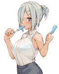  1girl blue_eyes blush breasts collared_shirt food fumikiri grey_hair grey_skirt hair_ornament hair_over_one_eye hairclip hamakaze_(kancolle) highres holding holding_food kantai_collection large_breasts popsicle shirt short_hair simple_background skirt sleeveless sleeveless_shirt solo unequal_popsicle_division upper_body white_background white_shirt 