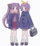  2girls bag blue_coat coat dress full_body hand_in_pocket highres hiiragi_kagami hiiragi_tsukasa long_hair lucky_star multiple_girls neckerchief pink_coat pleated_dress purple_eyes purple_hair red_neckerchief red_skirt ri_(qrcode) ryouou_school_uniform school_bag school_uniform serafuku short_hair siblings simple_background sisters skirt socks twins twintails white_background white_socks 