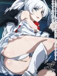  1girl 1other ass bare_shoulders blue_eyes breasts dress holding holding_sword holding_weapon kneehighs long_hair long_sleeves looking_at_viewer lying medium_breasts nipples nomanota on_side open_mouth panties ponytail restrained rwby shiny_skin socks sword translation_request underwear weapon weiss_schnee white_dress white_hair white_panties white_socks 