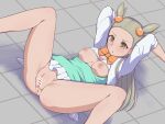  1girl absurdres anus arms_up bar_censor blonde_hair blush bow bowtie bra bra_lift breasts breasts_out brown_eyes cardigan censored commentary_request dress eyelashes green_dress hair_bobbles hair_ornament highres jasmine_(pokemon) knees long_hair lying niboccc on_back orange_bow orange_bowtie pokemon pokemon_(game) pokemon_hgss pussy sleeves_past_elbows solo spread_legs tile_floor tiles two_side_up underwear white_bra white_cardigan 