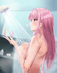  1girl breasts closed_mouth completely_nude facing_to_the_side from_side hand_on_own_chest highres hololive hololive_english large_breasts mori_calliope nude pink_eyes pink_hair shampoo_bottle shower_head showering smile soap solo upper_body virtual_youtuber water wet wet_hair yawww_(yawwwart) 
