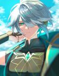  1boy alhaitham_(genshin_impact) antenna_hair aqua_eyes asymmetrical_sidelocks black_shirt blue_sky bridal_gauntlets cable cape chest_jewel closed_mouth cloud cloudy_sky facing_viewer fingerless_gloves gem genshin_impact gloves gold_trim green_cape green_gemstone grey_hair hair_between_eyes hair_over_one_eye hand_to_own_face hand_up headphones highres jewelry looking_at_viewer male_focus mandarin_collar matohuku1210 multiple_rings one_eye_covered parted_bangs partially_fingerless_gloves ring shaded_face shirt short_hair shoulder_cape sidelocks sky solo swept_bangs thumb_ring 