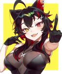  1girl ahoge animal_ear_fluff animal_ears black_gloves black_hair breasts cat_ears colored_inner_hair earrings fang gloves heterochromia highres jewelry large_breasts lita_(winterkindlita) long_hair looking_at_viewer multicolored_hair open_mouth original red_eyes red_hair second-party_source slit_pupils solo two-tone_background two-tone_hair upper_body v yellow_eyes yun-yang 