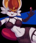  absurd_res anthro big_breasts bottomwear breasts cinderace cleavage clothed clothing condom female fur generation_8_pokemon hi_res nebssik nintendo pokemon pokemon_(species) sexual_barrier_device skirt solo white_body white_fur wide_hips 