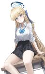  1girl black_skirt blonde_hair blue_archive blue_eyes blue_halo bow bowtie breasts desk halo highres hime_cut long_hair mansu_(user_pnmp4287) medium_breasts on_desk pleated_skirt shirt sitting sitting_on_desk skirt solo toki_(blue_archive) white_shirt 