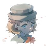  1girl blonde_hair blue_eyes blurry earrings eyelashes falling_petals flower grey_headwear grey_shirt hat highres jewelry orange_flower parted_lips petals podayo_po pokemon pokemon_(anime) pokemon_journeys portrait serena_(pokemon) shirt short_hair solo white_background 