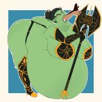  1:1 armor axe battle_axe belly big_belly big_breasts big_butt black_hair bloated breasts butt clothed clothing duo female female/female green_body green_skin hair hair_bun hi_res human humanoid humanoid_pointy_ears knottytracker mammal not_furry open_mouth oral_vore orc skimpy_armor thong tusks unconvincing_armor underwear vore yellow_eyes 