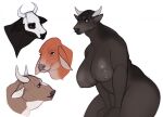  2023 ambiguous_gender anthro big_breasts black_body bovid bovine breasts brown_body cattle colored_sketch disembodied_head european_mythology female female_focus greek_mythology group guide_lines hi_res horn mammal minotaur mythology nipples nude nude_female ohelladarian_(artist) simple_background sketch solo_focus white_background 