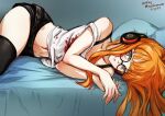  1girl artist_name behind-the-head_headphones black_shorts black_thighhighs brown_eyes closed_mouth dated english_commentary glasses headphones lips long_hair looking_at_viewer lying mina_cream navel off-shoulder_shirt off_shoulder on_side orange_hair paid_reward_available persona persona_5 sakura_futaba shirt short_shorts shorts smile solo thighhighs thighs 