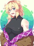  1girl absurdres bare_shoulders blonde_hair blush breasts brown_shirt collarbone detached_sleeves green_eyes half_updo highres large_breasts looking_at_viewer mizuhashi_parsee neferkitty open_mouth pointy_ears shirt short_hair solo subterranean_animism touhou 