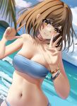  1girl absurdres aimi_(tikichin0229) bandeau bare_arms bare_shoulders bikini blue_bikini blue_sky blush breasts brown_eyes brown_hair choker cleavage cloud commentary_request day double_w grin hands_up highres looking_at_viewer navel original pink_choker short_hair sky smile solo stomach strapless strapless_bikini swimsuit tube_top upper_body w 