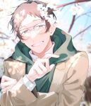  1boy absurdres adachi_tooru alternate_costume blue_sky brown_coat brown_hair cherry_blossoms coat collared_shirt commentary_request day flower glasses green_hoodie grey_eyes grin gusha_rotei hand_up highres hood hood_down hoodie long_sleeves looking_at_viewer male_focus open_clothes open_coat open_mouth outdoors persona persona_4 shirt short_hair sky smile solo spring_(season) teeth upper_body white_flower white_shirt 