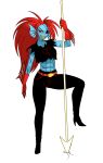  abs absurd_res anarchy_puppet anthro eye_patch eyewear female fish hair hi_res humanoid long_hair marine melee_weapon polearm scar solo spear undyne_(underfell) weapon 