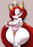 blush bodily_fluids bottom_heavy breasts clothing cocco disney fake_ears fake_rabbit_ears female fire food food_fetish food_play frown hair hekapoo hi_res horn horned_humanoid humanoid humanoid_pointy_ears lidded_eyes long_hair nipple_slip not_furry pale_skin playboy_outfit red_hair simple_background solo star_vs._the_forces_of_evil sweat sweatdrop thick_thighs tight_clothing 