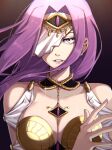  1girl bare_shoulders fate/extella fate/extra fate_(series) jewelry long_hair medusa_(fate) medusa_(rider)_(fate) necklace nikumaki43 official_alternate_costume one_eye_covered portrait purple_eyes purple_hair solo square_pupils veil white_veil 