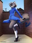  alley bottomless brick_wall canid canine cellphone clothed clothing dress eyes_closed feretta footwear fox fur grey_body grey_fur hi_res legwear mammal no_underwear outside phone pole power_lines public red_fox shoes silver_fox sky smile stockings upskirt vixavil_hayden wall_(structure) 