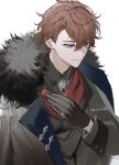  1boy black_gloves blue_eyes coat fur-trimmed_coat fur_trim genshin_impact gloves hair_between_eyes hand_on_own_chest long_sleeves looking_at_viewer male_focus orange_hair scarf simple_background solo tartaglia_(genshin_impact) twitter_username ueauwa upper_body white_background 