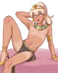  1boy aqua_eyes arm_up armlet armpits blonde_hair bracelet bulge cody_(dross) collarbone commentary dross egyptian_clothes english_commentary eyelashes foot_out_of_frame gold_footwear hair_ornament hair_tubes high_heels highres jewelry knee_up leaning_back legs long_hair looking_to_the_side male_focus navel nipples open_mouth original otoko_no_ko ponytail revealing_clothes tan tanlines thighs 