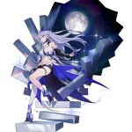  1girl bare_shoulders bella_(honkai_impact) benares_(honkai_impact) blue_eyes breasts detached_sleeves floating_hair floating_stairs full_body full_moon hair_between_eyes hair_ornament high_heels honkai_(series) honkai_impact_3rd long_hair moon navel night night_sky official_art purple_hair single_thighhigh sky star_(sky) starry_sky thighhighs thighlet third-party_source transparent_background 
