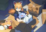  1girl betty_(girls&#039;_frontline_nc) blue_eyes blue_shirt bowl box butyou_(mika1412) cardboard_box cat cat_tail commentary cross-shaped_pupils fang fish fishbowl girls&#039;_frontline girls&#039;_frontline_neural_cloud goldfish hair_between_eyes headphones highres holding holding_bowl idw_(girls&#039;_frontline) in_box in_container indoors long_hair looking_at_viewer mechanical_ears mechanical_hands mechanical_legs open_mouth orange_hair robot robot_cat shadow shirt short_sleeves sitting solo surprised sweatdrop symbol-shaped_pupils tail twintails yarn yarn_ball 