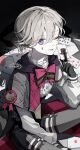  1boy androgynous black_gloves black_hood blonde_hair bow card detached_sleeves genshin_impact gloves highres holding holding_card hood hood_down looking_at_viewer lyney_(genshin_impact) male_focus nong_345 one_eye_closed playing_card purple_eyes red_bow shirt solo teardrop_facial_mark tongue tongue_out white_shirt 