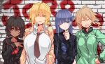  4girls black_hair blonde_hair blue_hair breasts closed_eyes closed_mouth dark-skinned_female dark_skin highres jacket large_breasts long_hair long_sleeves multiple_girls necktie original oteruko_(wanabeee) school_uniform shirt short_hair system tags track_jacket yellow_eyes 