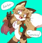  anthro averi_(fiddleafox) brown_body brown_fur canid canine dipstick_tail english_text fangs female female_anthro fiddleafox fox fur gloves_(marking) hair mammal markings solo tail tail_markings teeth text white_body white_fur 
