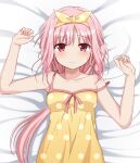  bare_shoulders bed_sheet blunt_bangs bow collarbone comfy dot_nose eroha hair_bow highres kokubou_(nanamikeiroha) magia_record:_mahou_shoujo_madoka_magica_gaiden magical_girl mahou_shoujo_madoka_magica messy_hair pajamas pink_eyes pink_hair shoulder_blush sleepwear sleepy tamaki_iroha yellow_pajamas 