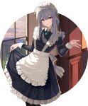  1girl absurdres apron cowboy_shot curtsey final_fantasy final_fantasy_brave_exvius glaciela_wezette green_brooch grey_hair highres maid maid_apron solo war_of_the_visions:_final_fantasy_brave_exvius 