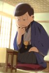  architecture atsushi_(osomatsu-san) blue_robe board_game brown_hair cushion east_asian_architecture finger_to_own_chin grey_kimono hand_on_own_chin japanese_clothes kimono looking_at_object male_focus obijime official_style osomatsu-san parody robe seiza shogi sitting style_parody tassel tatami thinking yukata yumeno_haruka zabuton 