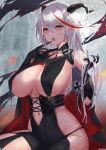  1girl absurdres aegir_(azur_lane) azur_lane bare_shoulders black_cape black_gloves blurry blurry_background breast_curtains breasts cape cowboy_shot cross cross_earrings demon_horns earrings elbow_gloves fishnets gloves hair_between_eyes hair_on_horn hand_up highres holding holding_hair horns iron_cross jewelry large_breasts long_hair looking_at_viewer multicolored_hair navel open_mouth red_cape red_hair satou_aji sidelocks sitting solo streaked_hair swept_bangs tongue tongue_out two-tone_cape two-tone_hair very_long_hair white_hair yellow_eyes 