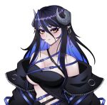 1girl absurdres bandeau belt black_bandeau black_belt black_hair black_jacket black_skirt blue_belt blue_hair blush breasts brown_eyes chest_belt cleavage closed_mouth collarbone curled_horns demon_girl demon_horns earrings grey_horns hair_between_eyes hebiyoi_tier highres horns jacket jewelry large_breasts long_hair long_sleeves looking_at_viewer multicolored_hair nanashi_inc. navel off_shoulder open_clothes open_jacket pendramon pointy_ears sidelocks simple_background skirt solo sugar_lyric two-tone_hair underboob upper_body v-shaped_eyebrows virtual_youtuber white_background 