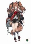  1girl absurdres alternate_costume angelina_(arknights) animal_ears arknights bag black_jacket black_shorts black_socks breasts brown_hair cleavage fox_ears fox_girl fox_tail full_body fur-trimmed_jacket fur_trim hair_between_eyes highres jacket layered_legwear long_hair long_sleeves looking_at_viewer lushi_jin_up off_shoulder open_clothes open_jacket red_eyes red_scarf scarf shirt shorts shoulder_bag small_breasts smile socks solo standing tachi-e tail twintails white_shirt white_socks 