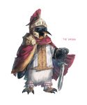  1girl absurdres arknights armor bird cape emperor_penguin franlol gold_armor helmet highres holding holding_sword holding_weapon penguin red_cape shoulder_armor simple_background solo sunglasses sword the_emperor_(arknights) weapon white_background 