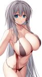  1girl absurdres asamura_hiori azur_lane bikini black_bikini blue_eyes breasts cleavage closed_mouth collarbone commentary_request earrings grey_hair hair_between_eyes highres jewelry large_breasts long_hair looking_at_viewer mainz_(azur_lane) mainz_(the_silkiest_brew)_(azur_lane) navel o-ring o-ring_bikini official_alternate_costume sidelocks simple_background single_earring solo standing swimsuit very_long_hair white_background 