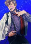  1boy :d adjusting_clothes adjusting_necktie amaguni_hitoya belt black_pants blue_background brown_hair chain dated facial_hair green_eyes grey_shirt hypnosis_mic jacket looking_at_viewer male_focus necktie pants red_necktie shirt shunkashuntou smile solo stubble suspenders watch wristwatch 
