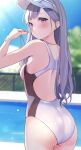  1girl absurdres ass back_cutout blurry blurry_background blush breasts clothing_cutout competition_swimsuit grey_hair highres holding holding_whistle idolmaster idolmaster_shiny_colors long_hair looking_at_viewer looking_back median_furrow medium_breasts multicolored_clothes multicolored_swimsuit nira_(vira) one-piece_swimsuit pink_eyes smile solo straight_hair sunlight swimsuit very_long_hair visor_cap whistle yukoku_kiriko 