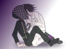  2boys black_footwear black_hair black_jacket black_pants buttons checkered_neckerchief danganronpa_(series) danganronpa_v3:_killing_harmony double-breasted flipped_hair from_side highres holding_neckerchief implied_kiss jacket long_sleeves male_focus multicolored_hair multiple_boys neckerchief oma_kokichi pants purple_background purple_footwear purple_hair saihara_shuichi shoes sitting striped striped_jacket striped_pants two-tone_hair unworn_neckerchief white_background white_jacket xia_nu_xiao_fang yaoi 