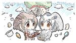  2girls appleq blue_sky blush brown_eyes brown_hair brown_jacket brown_wings carrot chips_(food) cloud commentary_request cooking_pot cropped_torso curry curry_rice day eurasian_eagle_owl_(kemono_friends) feeding food fur_collar grey_hair grey_jacket grey_wings hair_between_eyes head_wings heart highres holding holding_plate holding_spoon jacket kemono_friends ladder long_sleeves magnifying_glass multicolored_hair multiple_girls northern_white-faced_owl_(kemono_friends) outdoors plate potato_chips rice sky spoon tree two-tone_hair upper_body white_hair wings 
