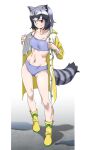  1girl absurdres animal_ear_fluff animal_ears black_hair blue_footwear boots breasts brown_eyes collarbone commentary common_raccoon_(kemono_friends) extra_ears fang fang_out full_body grey_hair hair_between_eyes highres kemono_friends looking_at_viewer midriff navel open_clothes raccoon_ears raccoon_girl raccoon_tail short_hair simple_background small_breasts smile solo split_mouth standing striped_tail tail tail_through_clothes tanabe_(fueisei) toned white_background 