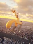  2022 3d_(artwork) absurd_res anthro balls blender_(software) building canid canine city cloud digital_media_(artwork) fox genitals girly hi_res landscape_dwarfing logan_grey looking_back macro mammal midriff nude penis perspective_shot plantigrade rileyfoxxo sky skyscraper smile 