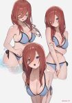  1girl ;d absurdres armpits bikini blue_eyes blush breasts brown_hair cleavage collarbone cropped_legs duplicate go-toubun_no_hanayome grey_bikini hair_between_eyes head_tilt highres holding_own_arm large_breasts leaning_forward long_bangs looking_at_viewer multiple_views nakano_miku navel one_eye_closed red_hair side-tie_bikini_bottom simple_background sketch smile sooon splashing stomach swimsuit twitter_username wading white_background 